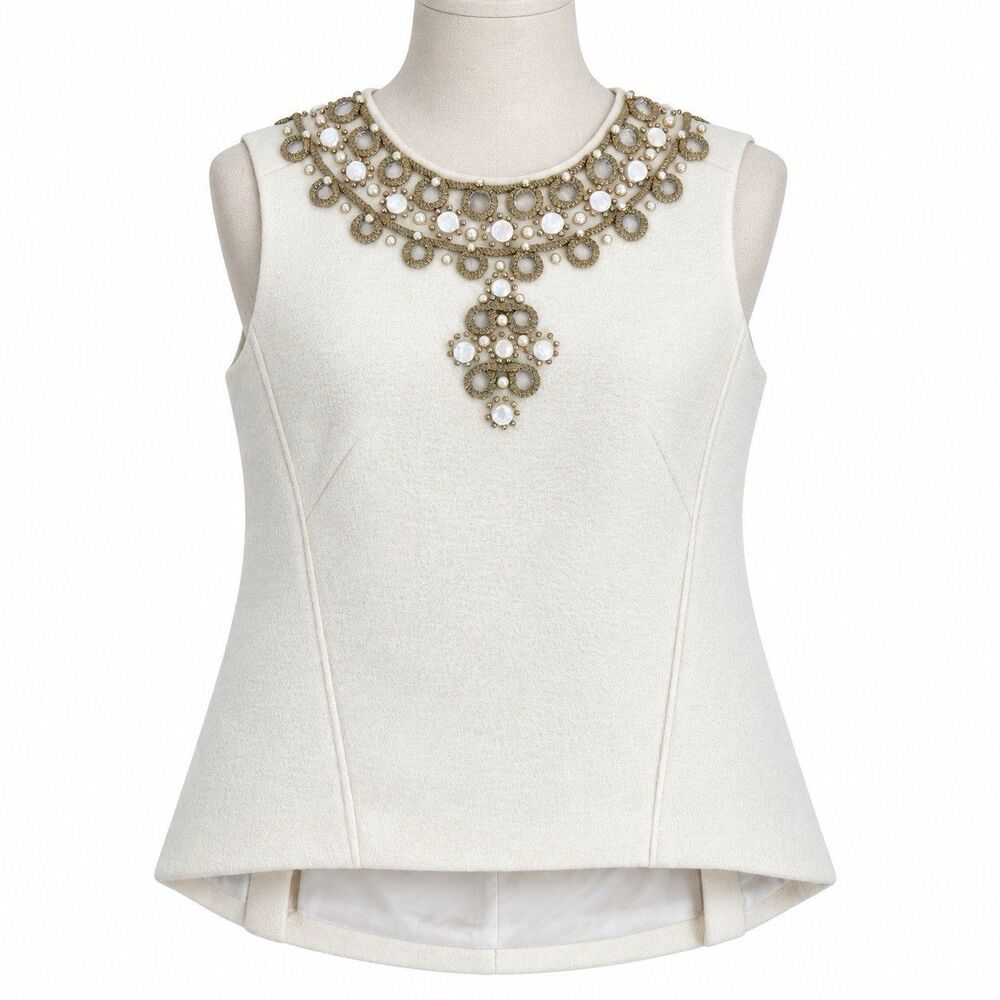 Tory Burch Ivory Wool Embellished Sleeveless Top Size 0 Jeweled Pearl Beaded